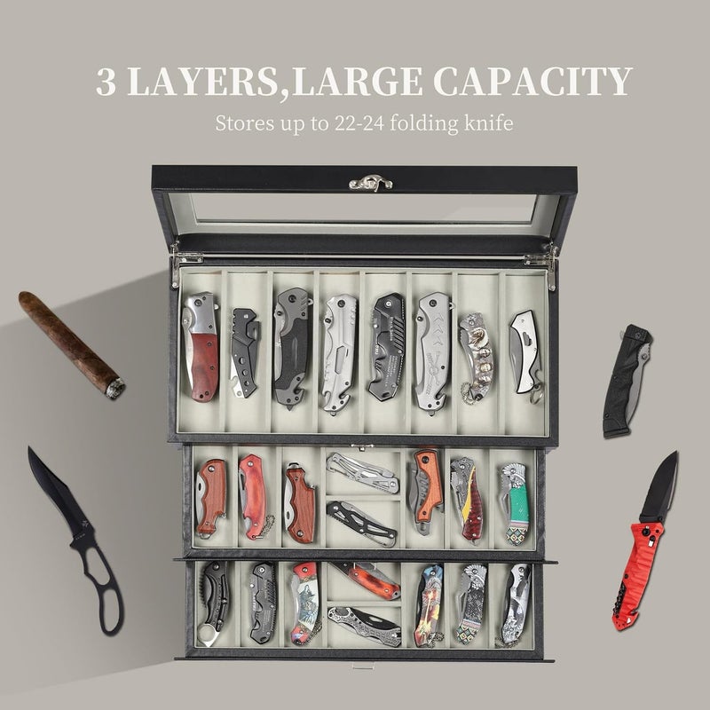 AUTOARK 3-Tier PU Leather & Velvet Knife Organizer with 26 Slots,Transparent Glass Top & Drawer,Compact Storage for Pocket Knives,Ideal for Men's Collections & Gifts,Black,MKAW016 - Image 4